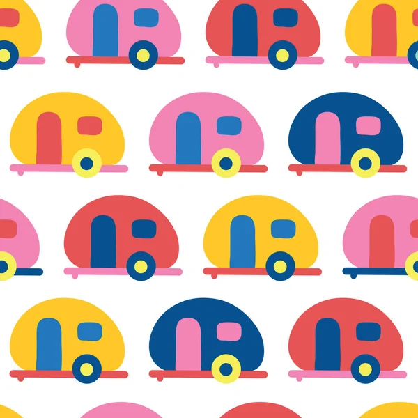 Camper van patrón de vectores sin costuras. Caravanas retro fondo vectorial inconsútil rojo, azul, amarillo, rosa. Estilo plano escandinavo . — Archivo Imágenes Vectoriales