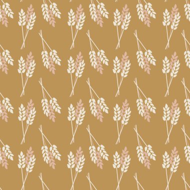Kusursuz vektör arka plan kırpma yulaf arpa çavdar bitkisi. Stilize sonbahar doğa düzeni. Pembe, kahverengi, beyaz, soyut, düz çizgi film tarzı. Kumaş, dekor, ambalaj, Şükran Günü için.
