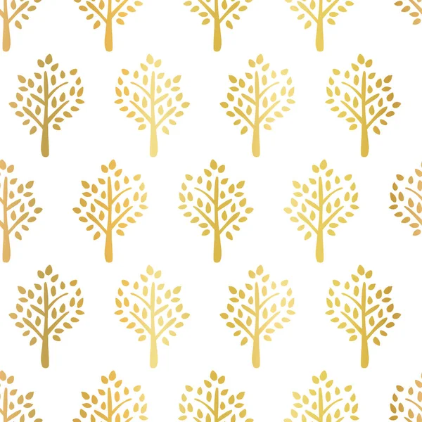 Árvores de folha de ouro padrão vetor sem costura. As silhuetas de árvore falso metálico dourado no fundo de queda branco. Use para tecido, decoração de outono, Ação de Graças — Vetor de Stock