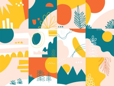 Modern soyut şekilli kare yorgan deseni. El çizimleri çeşitli şekiller, bitkiler ve karalama kolajı. Çağdaş modayı canlı renklerde tekrarlayan yaz vektör çizimleri 