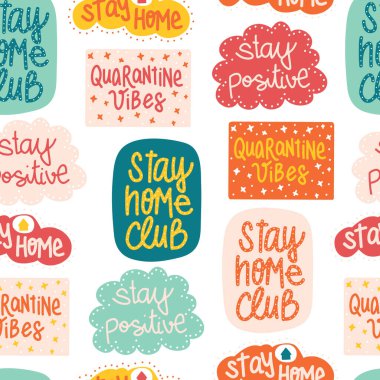 Coronavirus Covid-19 harf etiketleri kusursuz vektör deseni. Kulüpte kal, pozitif kal, karantina altyapısında kal. Modern şirin Vektör illüstrasyonu. Kumaş, yüz maskesi, çocuklar için kullan