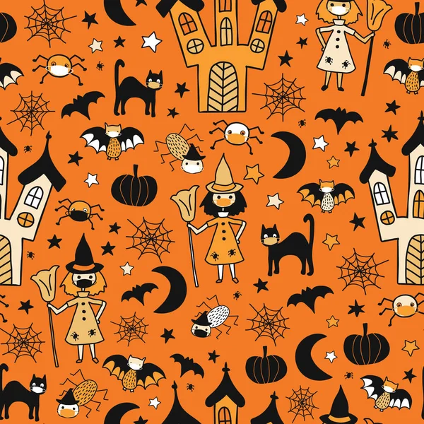 Halloween 2020 Coronavirus Kinder Vektormuster. Hexe, Katze, Spinnen, Fledermäuse tragen Gesichtsmasken. Covid Halloween. Handgezeichnete Illustration für Stoff, Gesichtsmaske, Karten, Party, Kostüm — Stockvektor