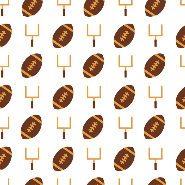 Handgezeichnetes, nahtloses Vektormuster im American Football mit einer Sammlung von Sportgeräten. Hintergrund mit Torpfosten und Fußbällen. Für Stoff, Verpackung, Super Bowl Party Einladung, Flyer — Stockvektor