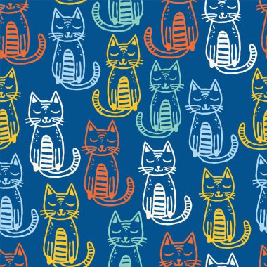 Kediler kusursuz vektör deseni. Hayvan çocuklar renkli kedi yavrularıyla tasarım yaparlar. Kedili yaratıcı çocuksu mavi doku. Kumaş, tekstil, çocuk dekorasyonu ve erkekler için harika. Vektör İllüstrasyonu