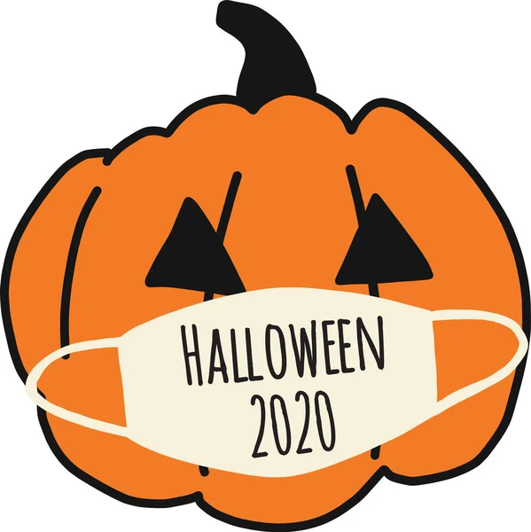 Halloween 2020 Pumpan bär ansiktsmask. Halloween Coronavirus clipart. Handritad vektor illustration. Använd för kort, flygblad, affischer, inlägg i sociala medier — Stock vektor