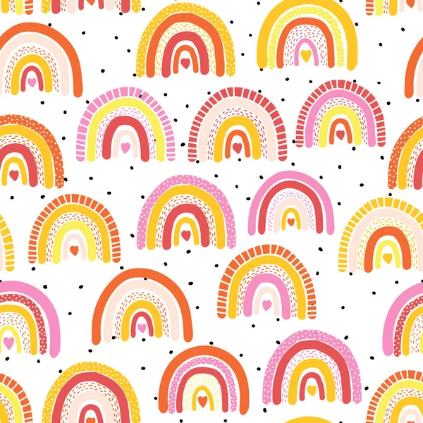 Childish seamless pattern with colorful hand drawn rainbow and dots. Trendy kids vector background. Use for fabric, wallpaper, surface pattern design — Stock Vector