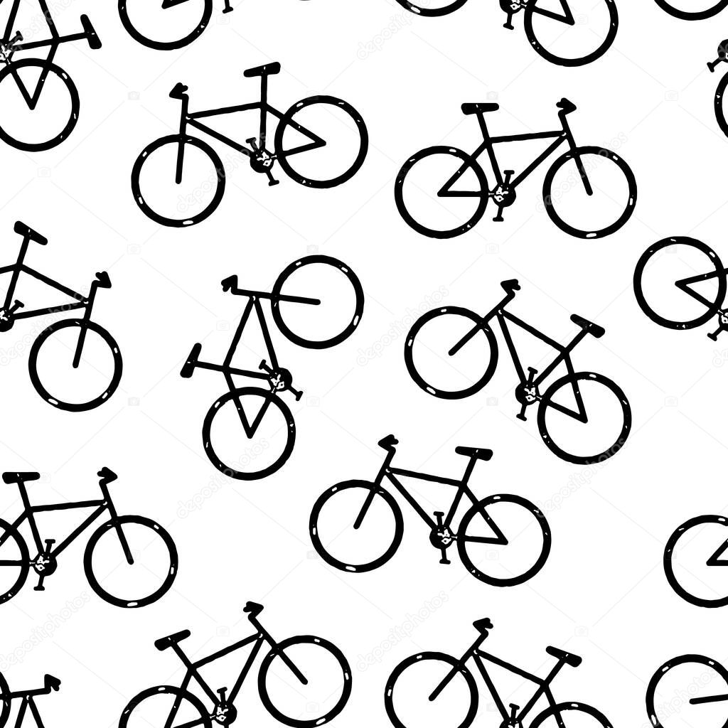 Bicycle seamless vector background. Bike pattern repeat black on white. Distressed grunge style. Monochrome hipster sport design for fabric, wrapping, sports wear, jersey, flyers.