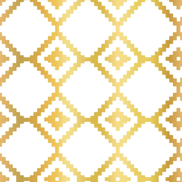 Золотая фольга Абстрактный бесшовный векторный рисунок с золотыми икатами ромба формы на белом. Геометрическая повторяющаяся фоновая текстура искусственной металлической фольги. — стоковый вектор