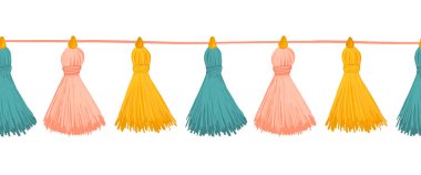 Püsküller dikişsiz vektör kenarı. Renkli dekoratif püsküller yatay yinelenen desen. Kartlar, parti davetiyeleri, duvar kâğıtları, ambalaj, kumaş süslemesi, kurdele, dipnot, ayırıcı, antet