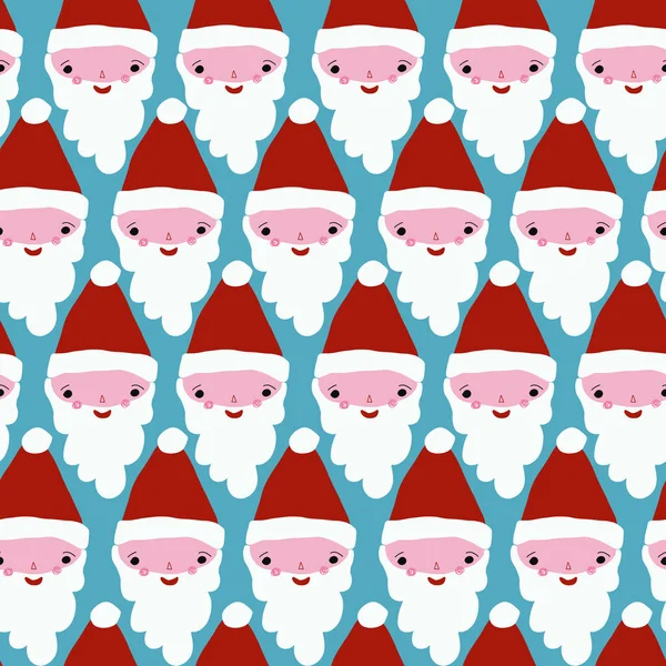 Santa heads cute seamless pattern. Santa Claus face on blue background for Christmas and New Year designs, packaging, fabric, gift wrap, gift bag, holiday decor.