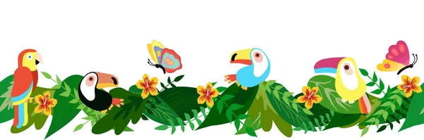 Tropical leaves birds and flowers seamless border. Exotic plants on white background. Tropic rainforest foliage, toucan, parrot butterfly border. Exotic plants horizontal border illustration