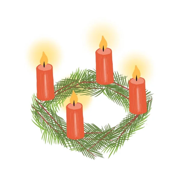 Vier Adventskerzen am Adventskranz. Handgezeichnete Feiertagsillustration. — Stockfoto