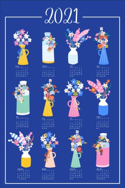 Bir Sayfa Çiçek Takvimi Tasarımı 2021. Mavi arka planda çiçek vazoları olan el çizimi vektör şablonu tasarımı. Yıllık dişi takvimi. Tamamen düzenlenebilir. Duvar takvimi ve kartlar için kullan