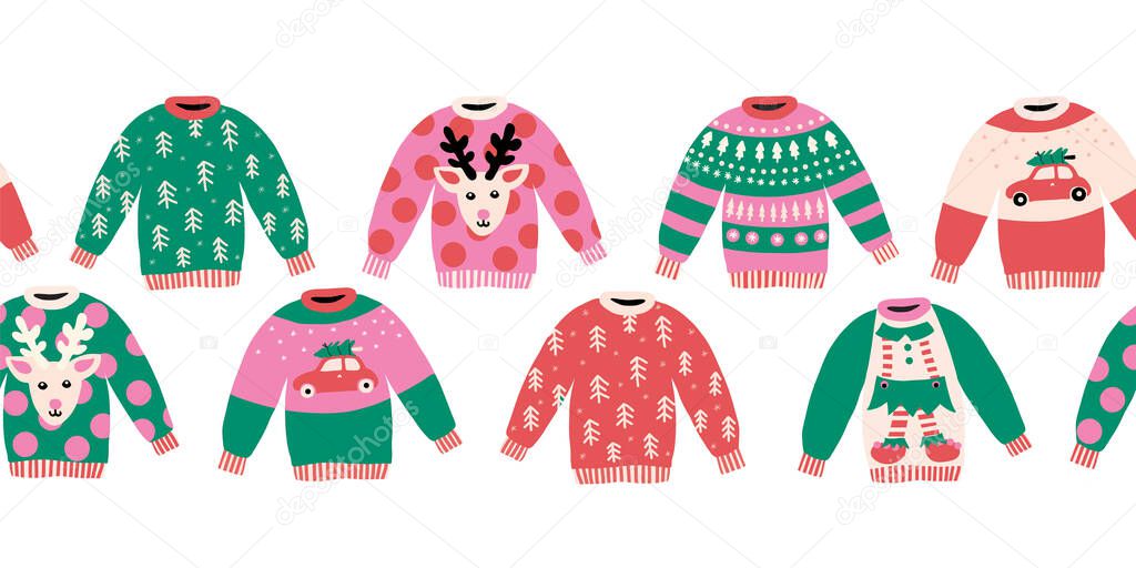 Ugly Christmas sweaters seamless vector border horizontal