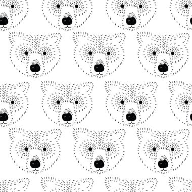 Ayı başı pürüzsüz vektör deseni siyah ve beyaz. Ayı suratlı tek renkli arka plan. Çocuklar için minimalist İskandinav tarzı hayvan tasarımı dekor, kumaş, çocuk modası, hipster, ambalaj, duvar kağıdı