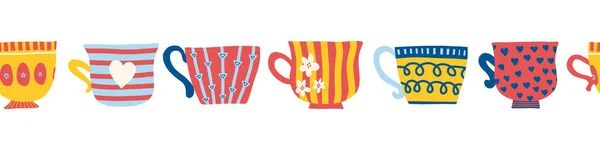 Чашки безшовної векторної рамки. Повторюваний візерунок чашок. Ручна намальована ілюстрація горизонтальна рамка з різнокольоровими чашками чаю . — стоковий вектор