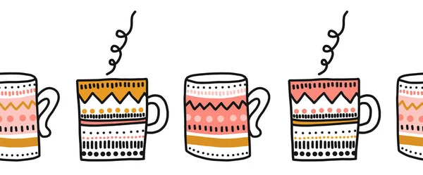 Mups seamless vector border. Repeating cup pattern. Hand drawn illustration horizontal border with colorful tea, coffee or hot chocolate mugs. — Stock Vector