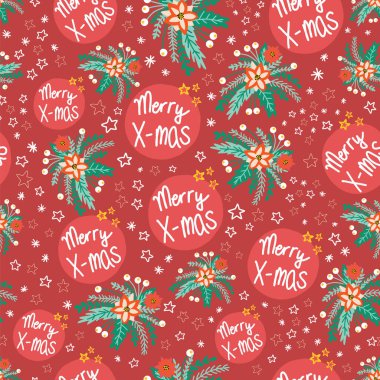 Mutlu X-mas çiçek vektör desenleri pürüzsüz kırmızı. Noelin arka planında noktalı çiçekler ve yıldızlarla tekrarlanıyor. Hediye paketi, bayram tebrik kartı, hediye paketi, kumaş