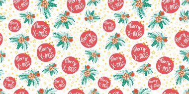 Mutlu noeller, çiçek vektör desenleri kusursuz. Kırmızı yeşil beyaz yıldızlar ve çiçeklerle yılbaşı arkaplanı tekrarlanıyor. Hediye paketi, bayram tebrik kartı, hediye paketi, kumaş