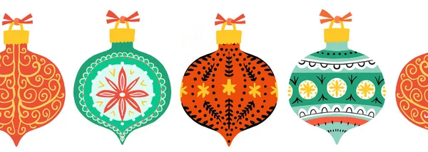 Boules de Noël frontière transparente. Ornements de Noël dessinés à la main répétant illustration de motif de vacances. Style scandinave. Utilisez pour garniture de tissu, ruban, décor de carte de vœux — Photo