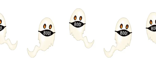 Halloween 2020 Fantasmas de coroonavírus usando máscaras faciais borda sem costura. Covid social distanciamento Halloween sem costura padrão de repetição. — Fotografia de Stock