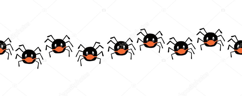 Coronavirus Halloween Spiders seamless border. Repeating Halloween 2020 social distancing design. Cute hand drawn spider illustration for kids, ribbons, banners, invitations, scrap booking, footer