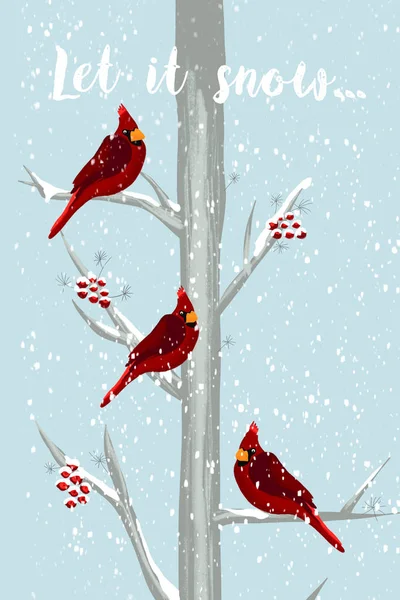 Red Cardinal Christmas birds sitting on a snow covered tree. Winter landscape greeting card template. Let it snow lettering text. Poster, winter decor, Holiday post cards