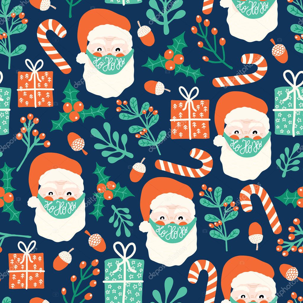 Coronavirus Christmas seamless vector pattern. Santa Claus wearing a protective face mask against coronavirus background. Merry Christmas 2020 during pandemic. Santa head, gift, mistletoes, candy cane