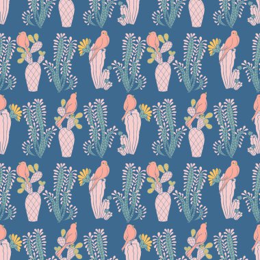 Kuşlar kaktüsün üzerinde sorunsuz vektör yineleme deseni mavi