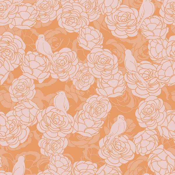 Vögel auf Rosen rosa orange nahtloser Vektor Muster wiederholen — Stockvektor
