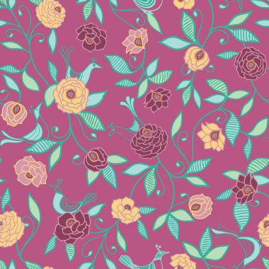 Pembe gül Dikişsiz desen vektör arka plan kuşlarda