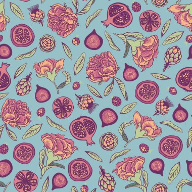 Vektör sonbahar Dikişsiz desen arka plan öğeleri çiçekler, yapraklar, incir meyve, nar, çilek, enginar ile