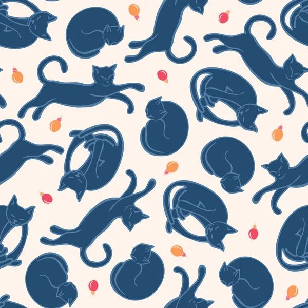Divertidos dibujos animados lindos gatos azules. Patrón sin costuras con gatitos dormidos y jugando sobre fondo blanco. Textura de invierno con adornos navideños . — Vector de stock