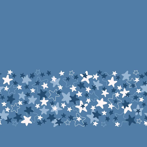 Patrón de borde sin costura vectorial con estrellas blancas y azules sobre fondo azul. Divertido estampado estrella ditsy, constelaciones y luces centelleantes . — Vector de stock