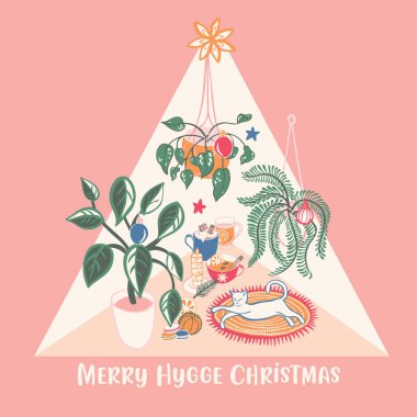 Süper sevimli Hygge Noel ev soğuk sıcak içecekler, ev bitki ve bir beyaz kedi vektör çizim ile sahne dışarı.