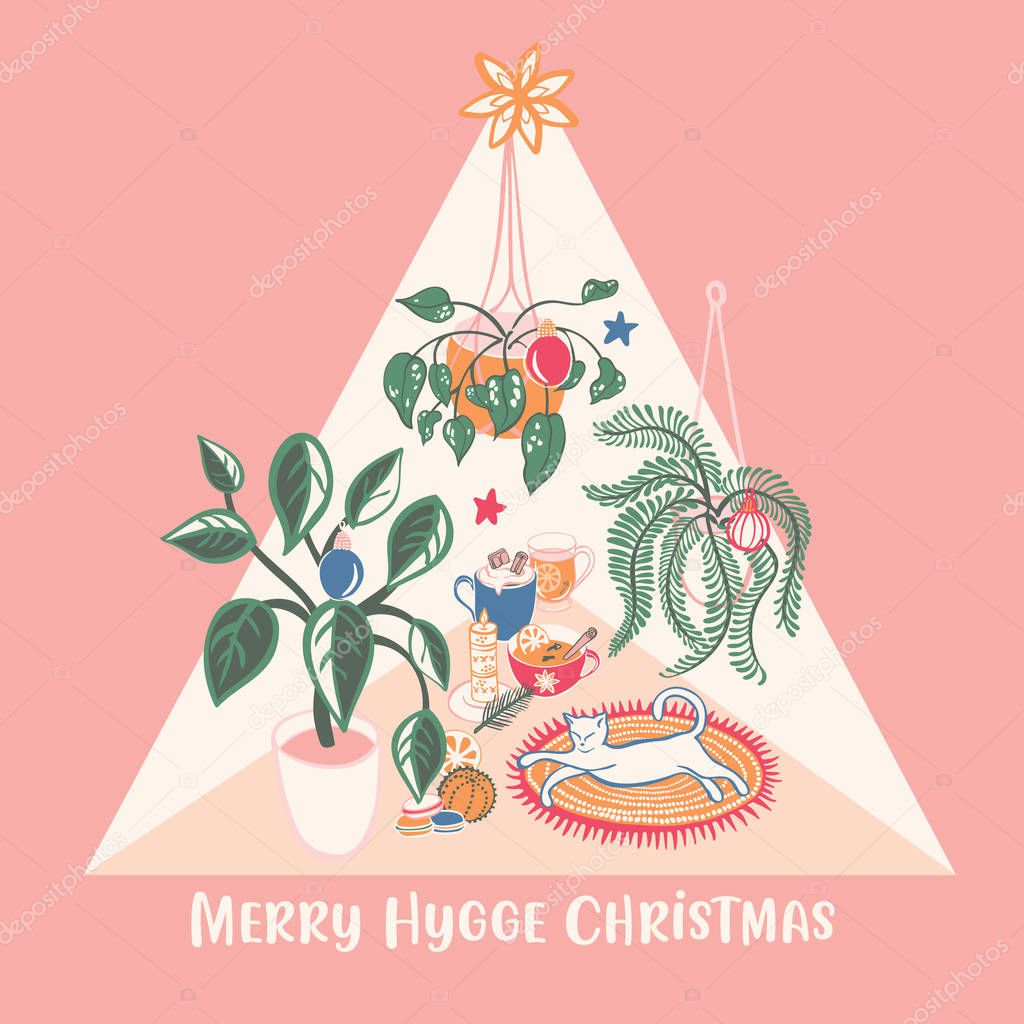 Super cute Hygge Christmas home chill out scene with hot drinks, home plants and a white cat vector illustration.