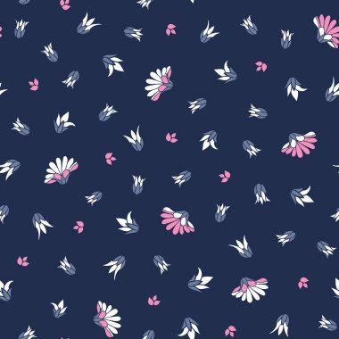 Mavi arka plan sorunsuz vektör tekrar çiçek desenli arka plan üzerinde pembe beyaz çiçekler