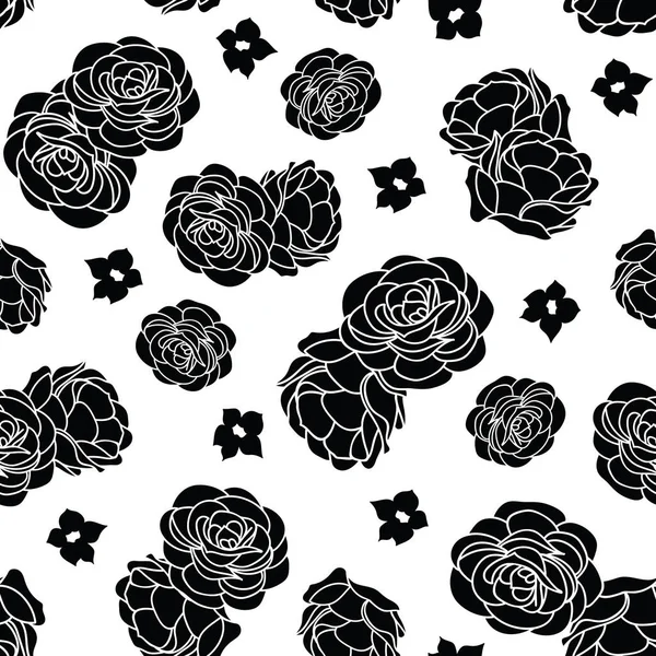 Черно-белый розовый сад бесшовный векторный повторяющийся узор — стоковый вектор