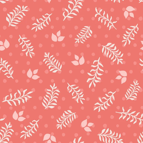 Folhas cor-de-rosa e raminhos em pontos de coral sem costura vetor textura fundo —  Vetores de Stock