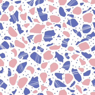 Beyaz arka plan üzerinde pastel renklerde mor pembe terrazzo doku vektör seamless modeli. Klasik İtalyan tür kat kumaş, duvar kağıdı, scrapbooking veya arka plan için Venedik tarzında bir doku.