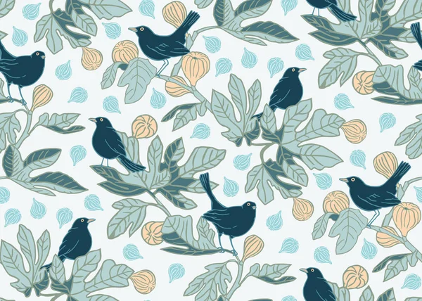 Seamless vector pattern background with cute birds on the branches of a fig tree. Surface pattern design. — Stock Illustration Seamless vector pattern background with cute birds on the branches of a fig tree. Surface pattern design. Royalty Free Stock Vectors