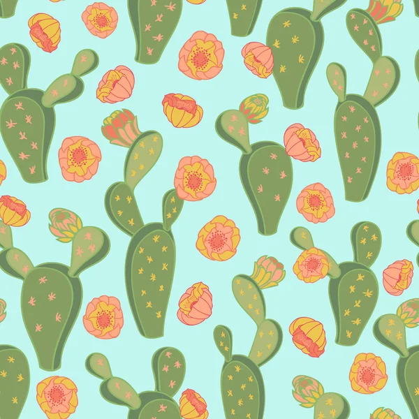 Lindo cactus floreciente flores sin costuras vector floral patrón de fondo. Diseño de patrón de superficie para tela, papel pintado, scrapbooking, tarjetas de invitación . — Vector de stock