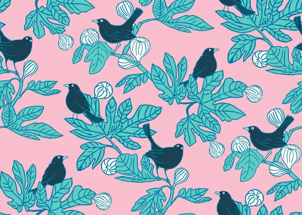 Seamless vector pattern background with cute birds on the branches of a fig tree on pink background. Surface pattern design. — Stock Illustration Seamless vector pattern background with cute birds on the branches of a fig tree on pink background. Surface pattern design. Royalty Free Stock Illustrations