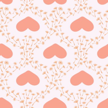 Sevimli vektör stilize çiçek seamless modeli ile basit elle çizilmiş karahindiba çiçek tohumu ve kalpleri. İnce çizgiler pembe ve turuncu renkte doodle. Yüzey desen tasarım.