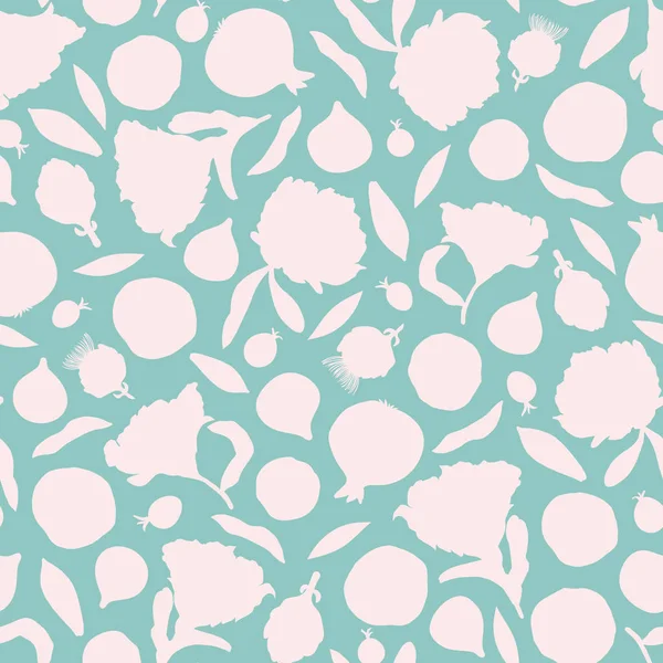 Çiçekler, yapraklar, incir meyve, nar, çilek, enginar, silouettes ile vektör Dikişsiz desen arka plan