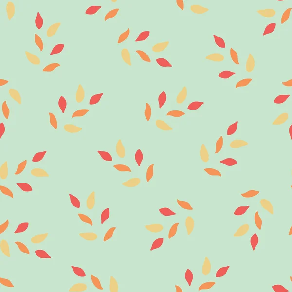 Бесшовный абстрактный векторный рисунок листьев цветов. Коралловые и желтые листья на светло-зеленом фоне. Дизайн поверхности . — стоковый вектор