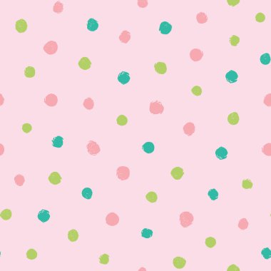 Renkli düzensiz Polka noktalar vektör Dikişsiz desen. Trendy Dikişsiz desen. Pembe, pembe arka planda yeşil çevrelerde. Vektör Illustration. Yüzey desen tasarımı.