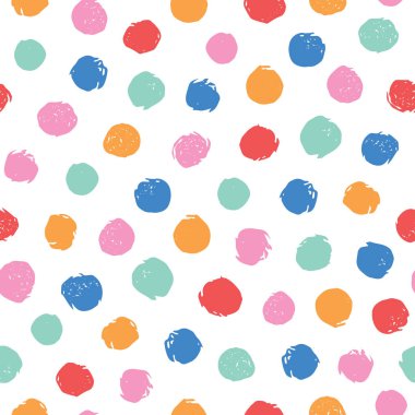 Renkli düzensiz Polka noktalar vektör Dikişsiz desen. Trendy Dikişsiz desen. Beyaz arka planda pembe, sarı, turuncu, kırmızı, mavi daireler. Vektör Illustration. Yüzey desen tasarımı.