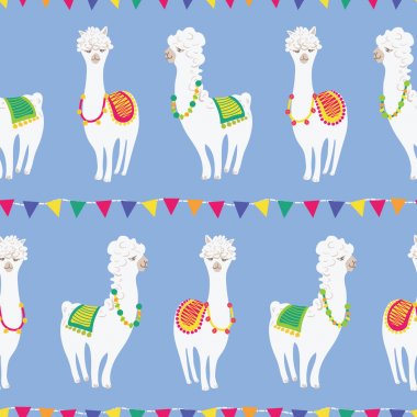 Kumaş, duvar kağıdı, Scrapbooking veya arka planlar için dikişsiz vektör desen Bunting altında renkli sevimli Lama parti.