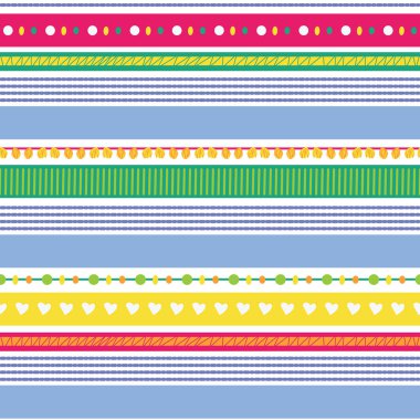 Kalpler, pompoms, dokular ile eğlenceli çizgiler kumaş, Scrapbooking, duvar kağıdı veya arka plan için dikişsiz vektör tekrar deseni.